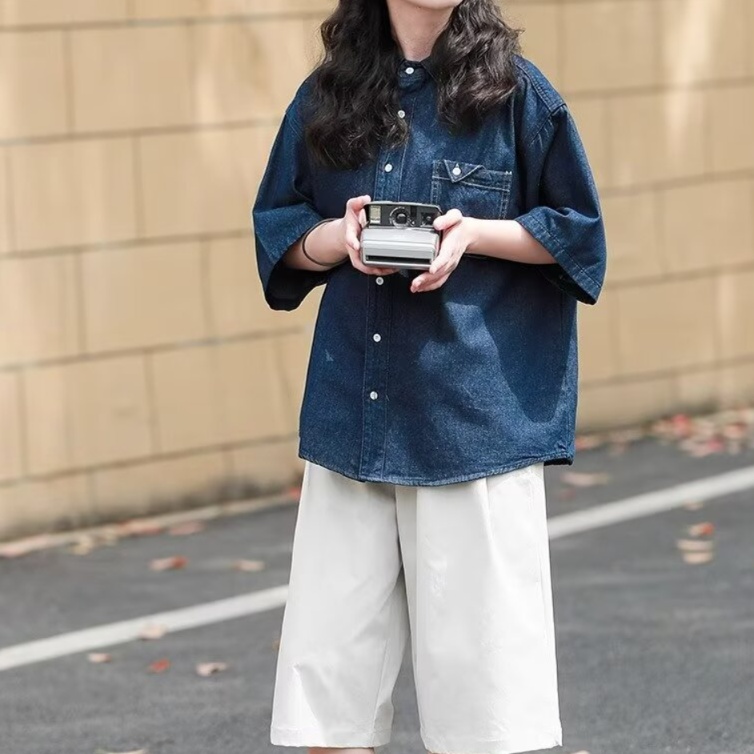 デニムファッション ゆったりデニムシャツ