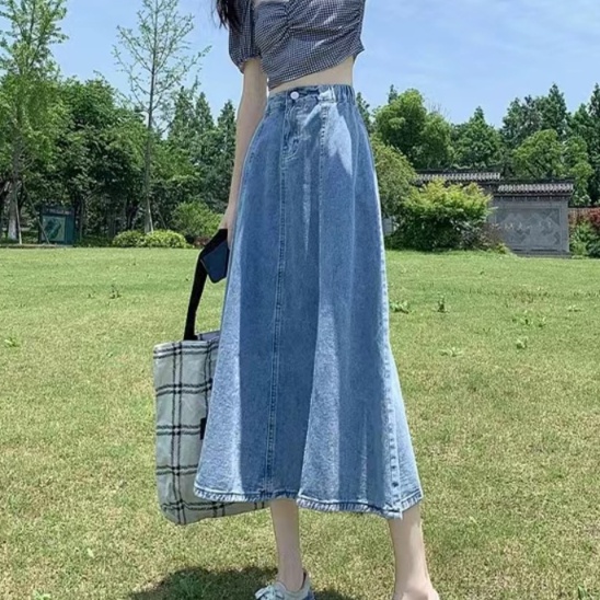 デニムファッション ゆったりフレアデニムロングスカート