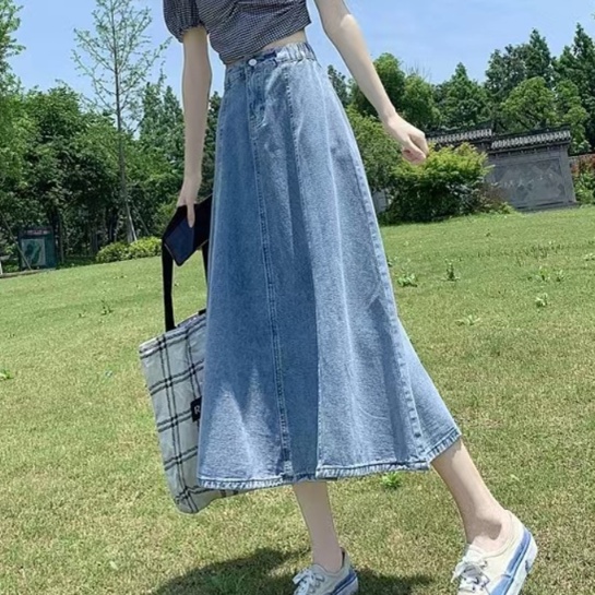 デニムファッション ゆったりフレアデニムロングスカート