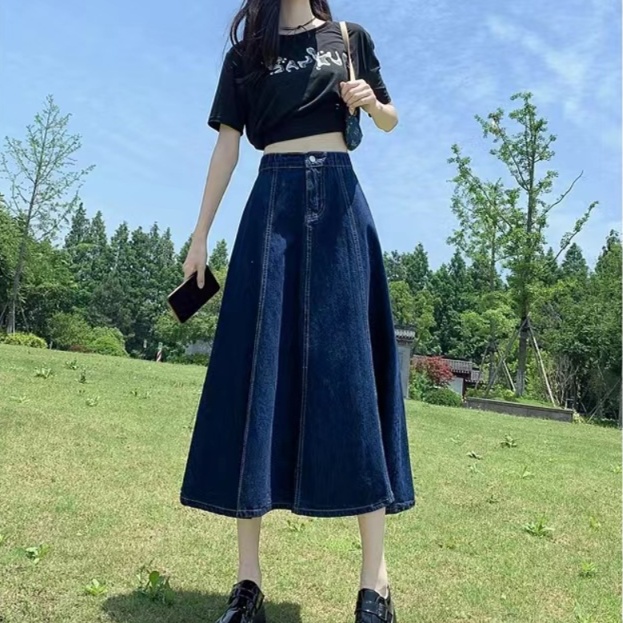デニムファッション ゆったりフレアデニムロングスカート