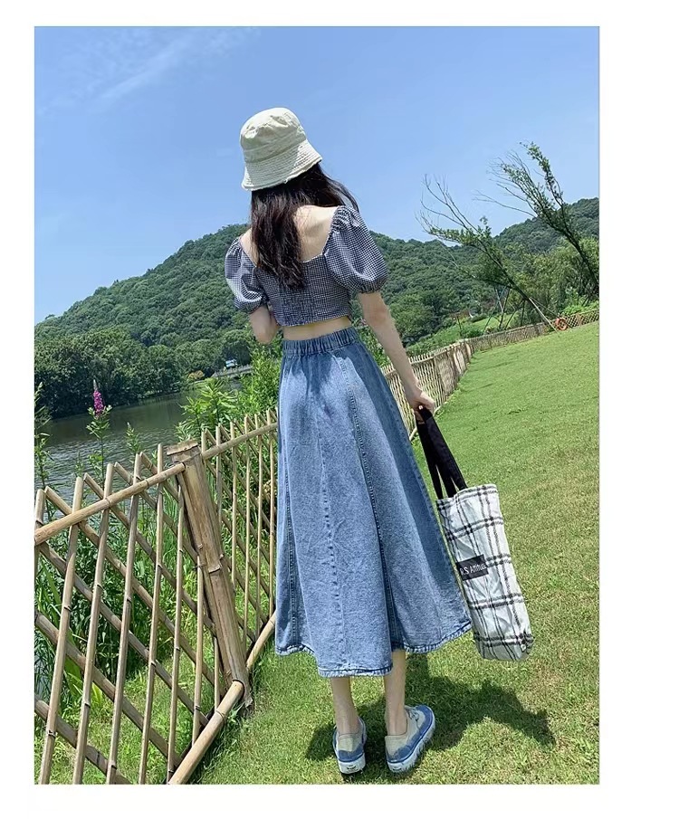 デニムファッション ゆったりフレアデニムロングスカート