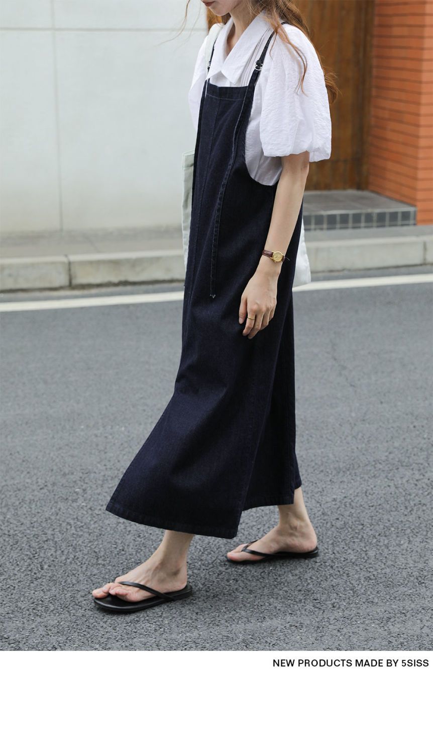 デニムファッション シンプル細ストラップデニムマキシワンピース