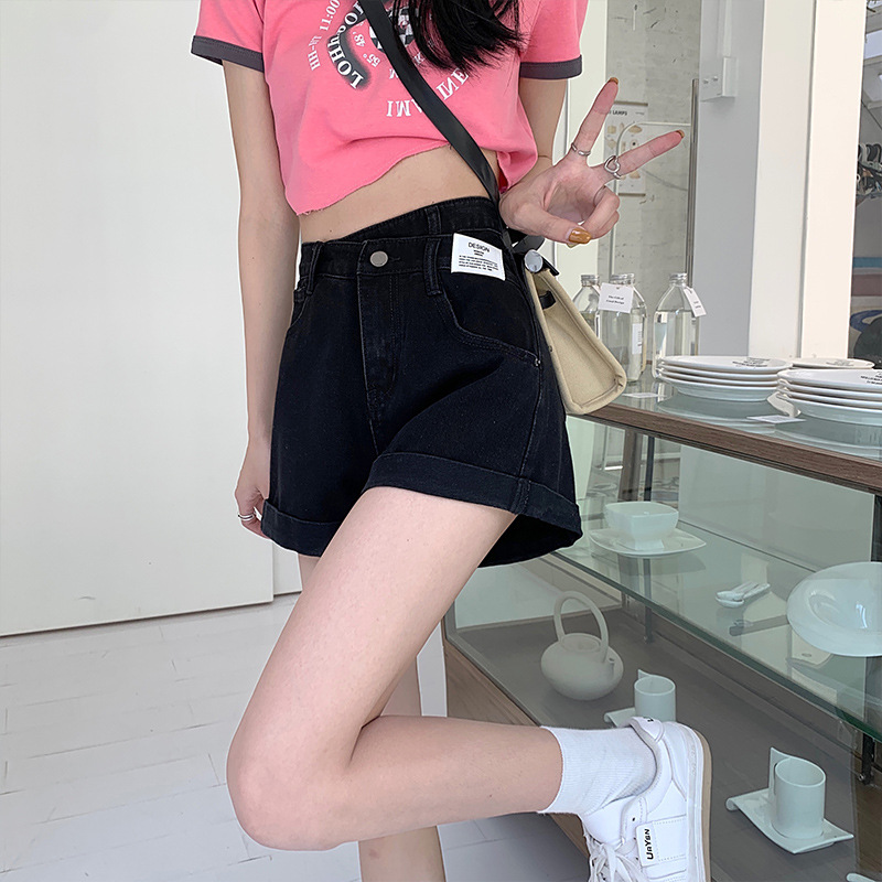 デニムファッション ハイウエスト ロールアップ デニムショートパンツ
