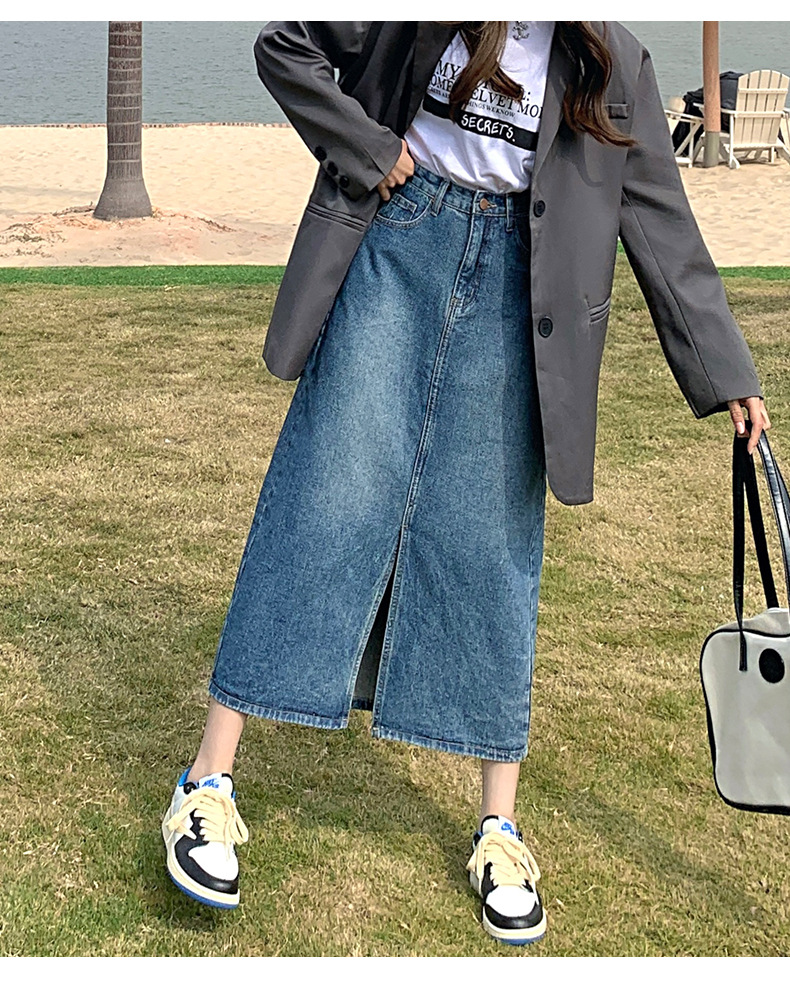 デニムファッション ロングデニムスカート 前スリット