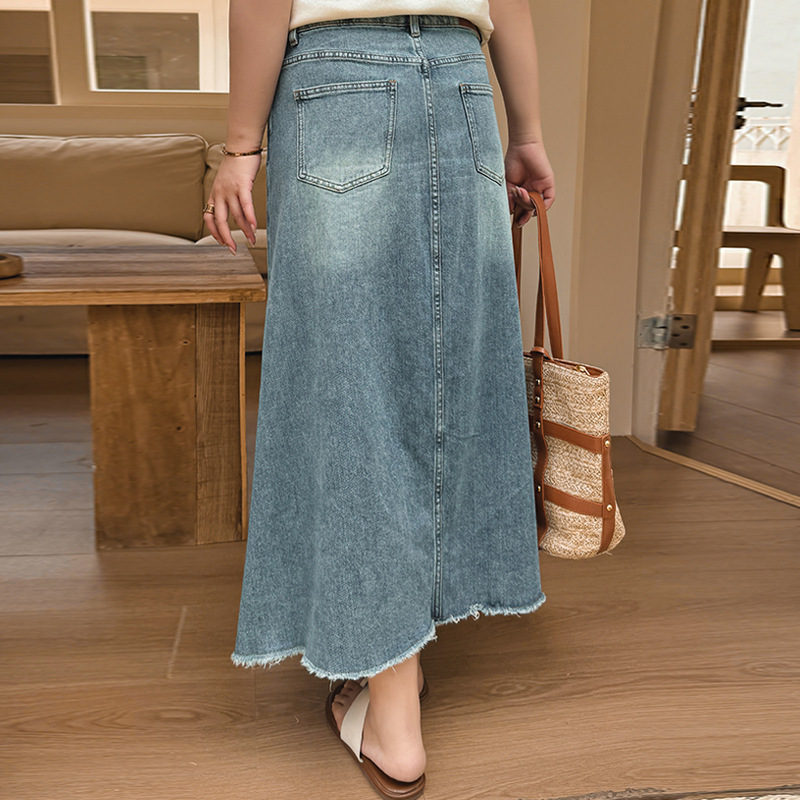 デニムファッション フリンジ裾ロングデニムスカート