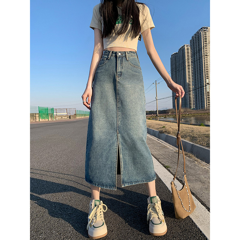 デニムファッション フロントスリット入り ロングデニムスカート