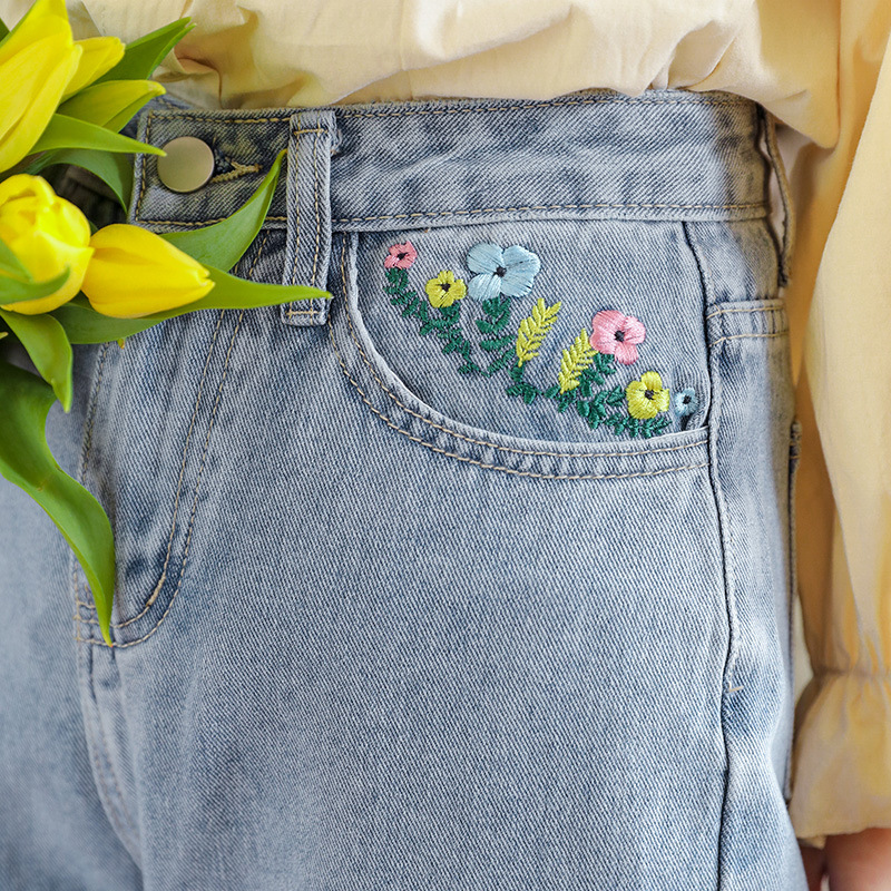 デニムファッション 花刺繍デニム 夏色ワイドパンツ