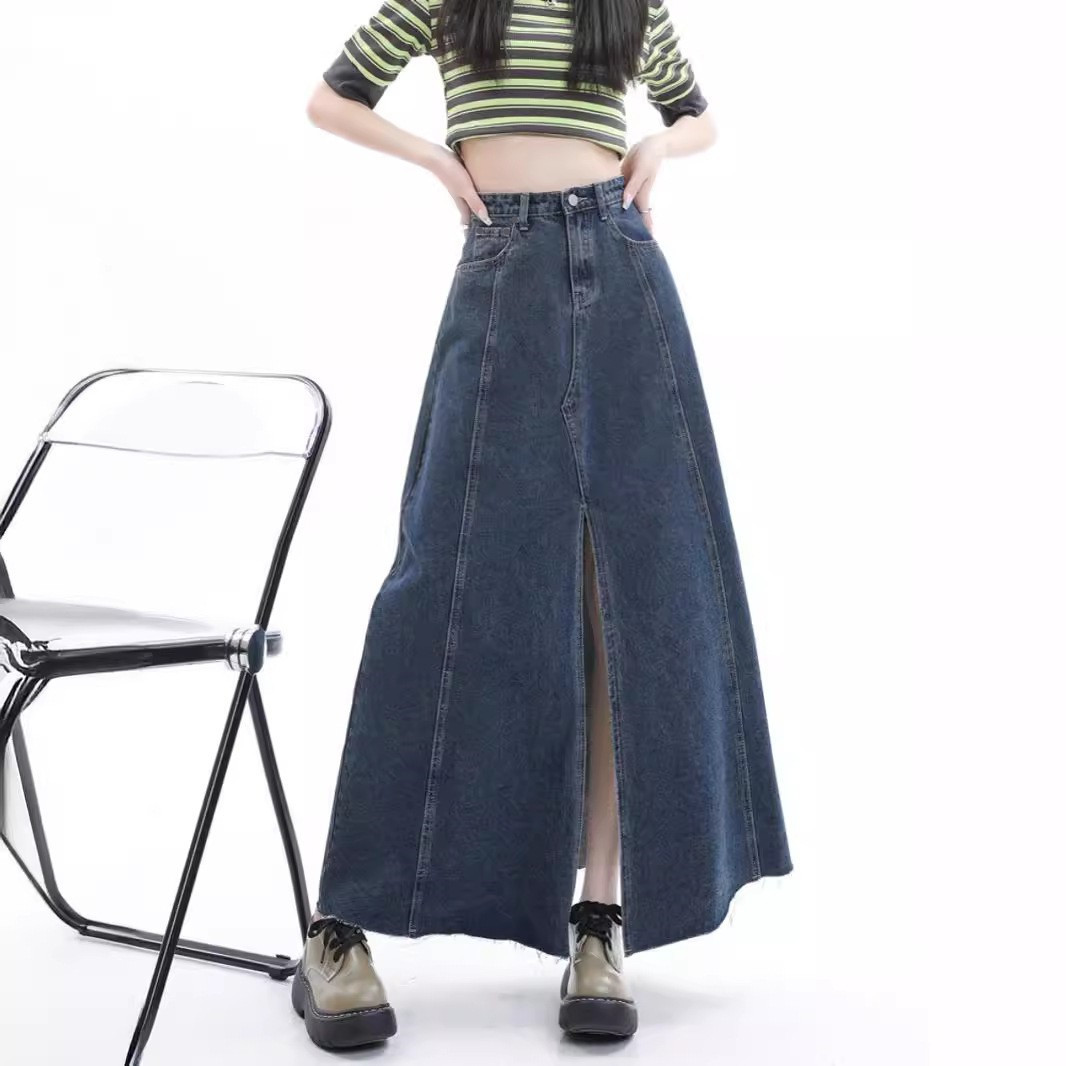 デニムファッション サイドスリット入りデニムロングスカート