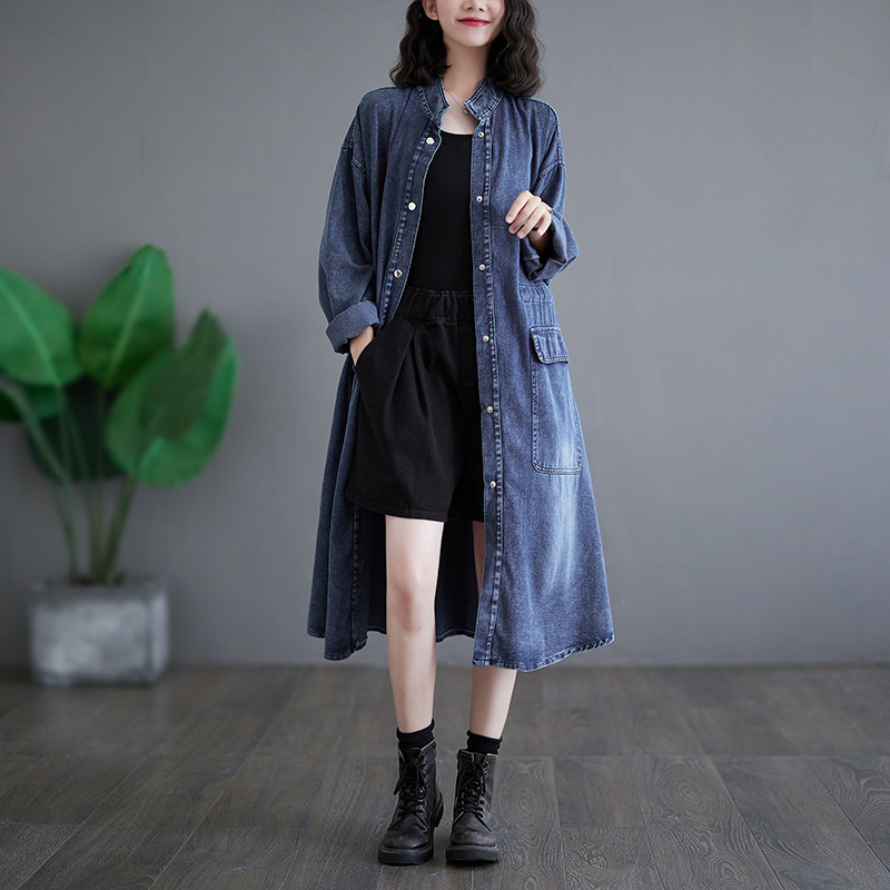 デニムファッション ロング丈デニムシャツコート