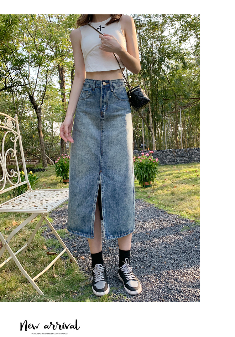 デニムファッション ヴィンテージ風スリット入りロングスカート