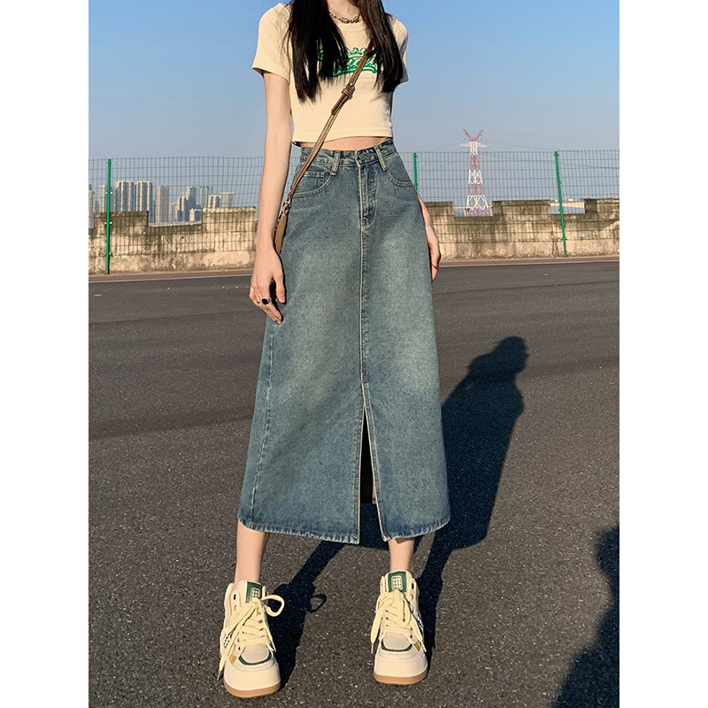 デニムファッション フロントスリット入り ロングデニムスカート