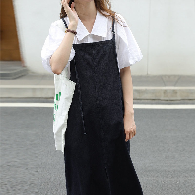 デニムファッション シンプル細ストラップデニムマキシワンピース