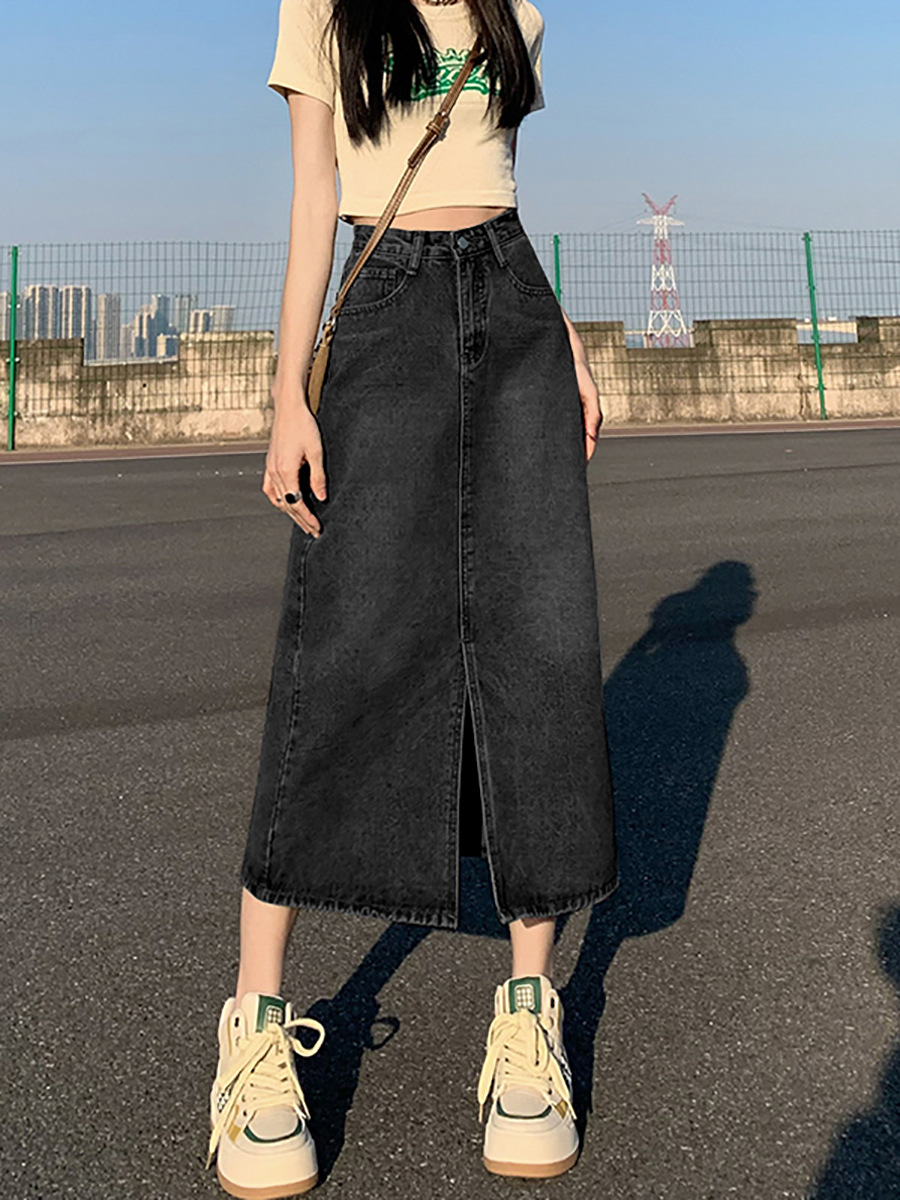 デニムファッション フロントスリット入り ロングデニムスカート