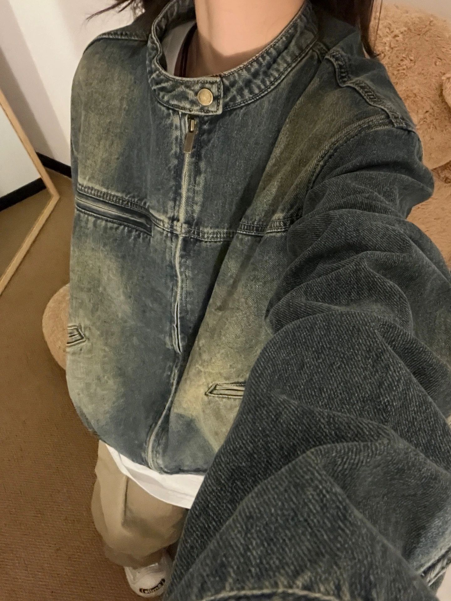 デニムファッション ゆったりシルエット古着風デニムジャケット