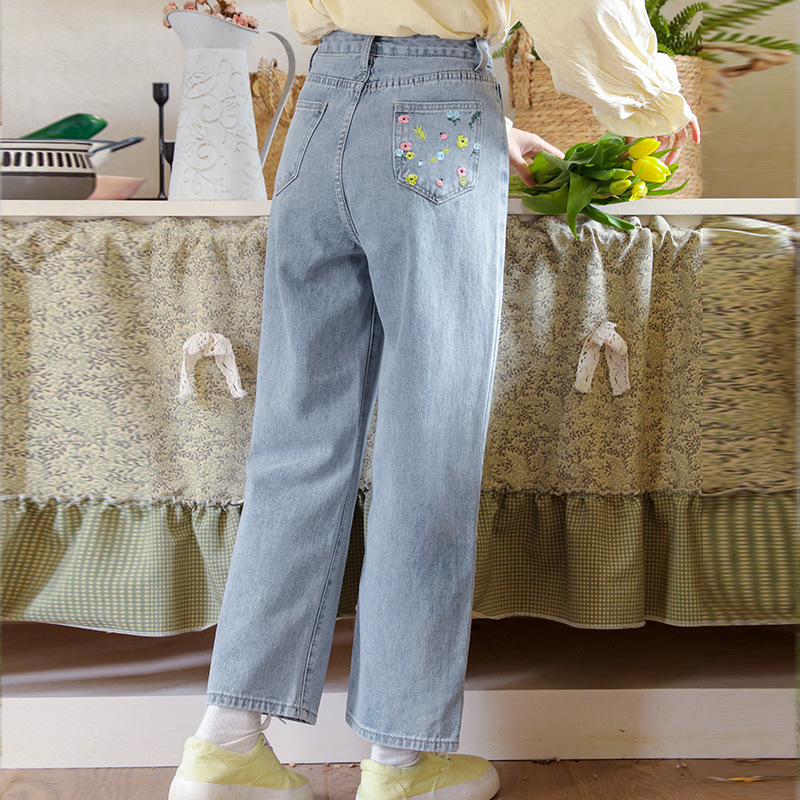 デニムファッション 花刺繍デニム 夏色ワイドパンツ