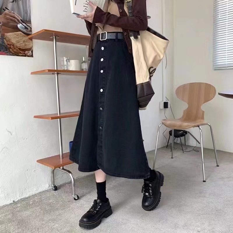 デニムファッション 前開きデニムフレアースカート