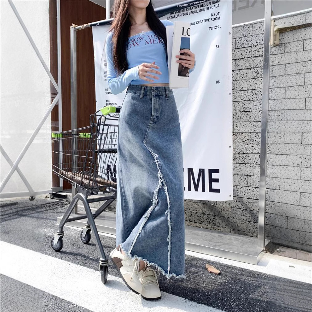 デニムファッション 斜め切替フリンジマキシデニムスカート