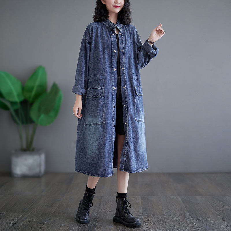 デニムファッション ロング丈デニムシャツコート