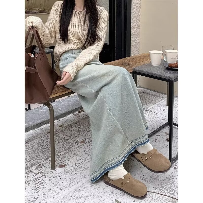 デニムファッション 長さゆったりマキシ丈デニムスカート