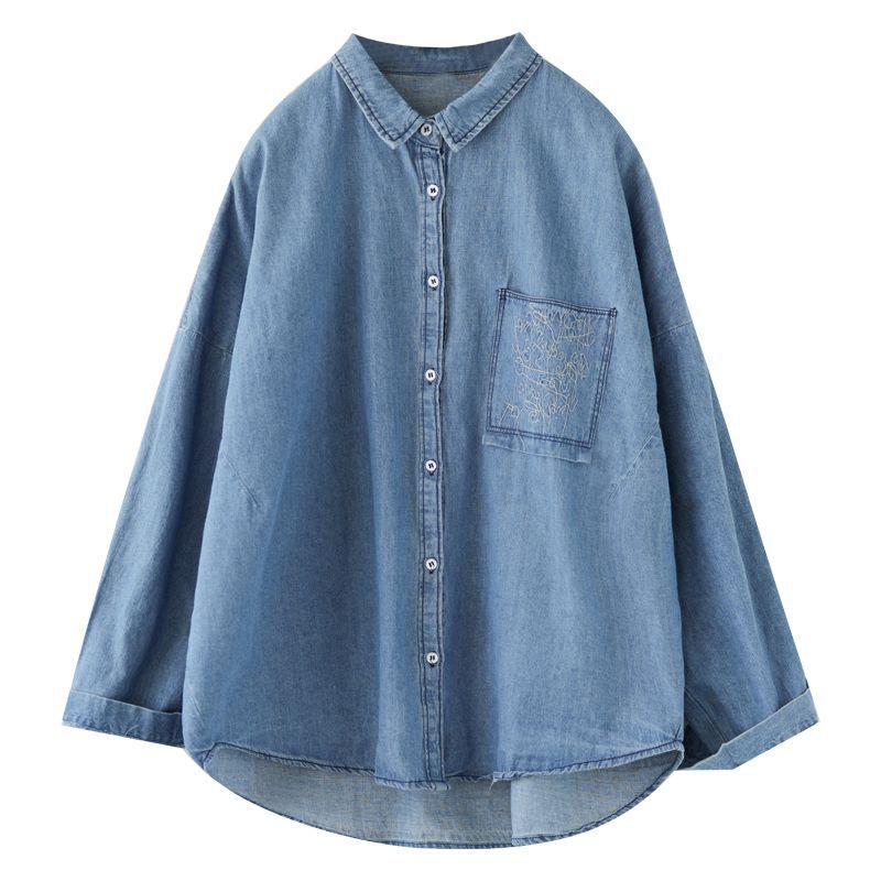 デニムファッション ポケット刺繍入り ゆったりデニムシャツ