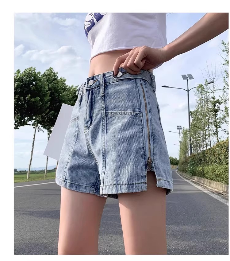 デニムファッション ファスナー付き機能的デニムショートパンツ
