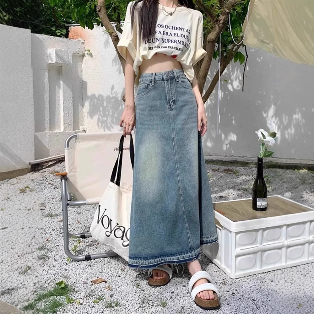 デニムファッション ゆったりAライン デニムロングスカート