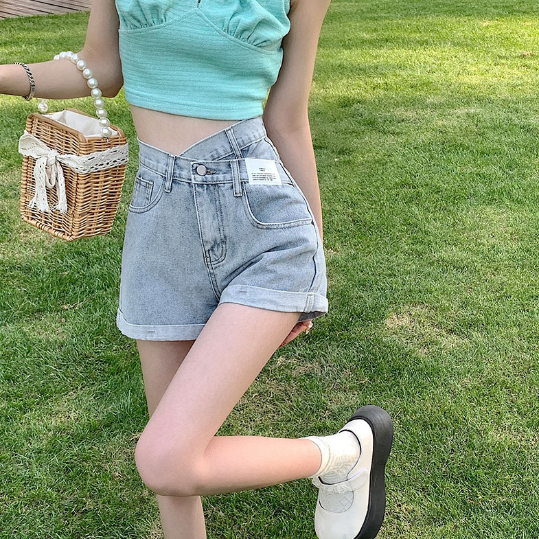 デニムファッション ハイウエスト ロールアップ デニムショートパンツ