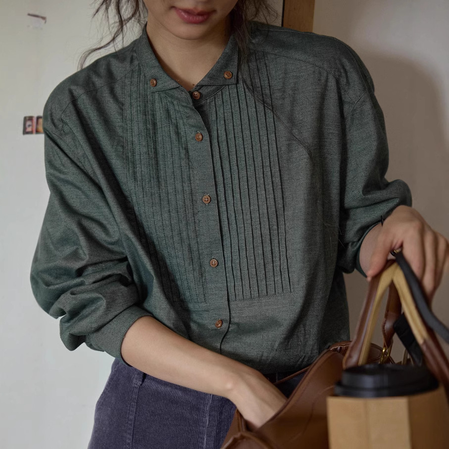 デニムファッション 胸元プリーツ加工デザインシャツ