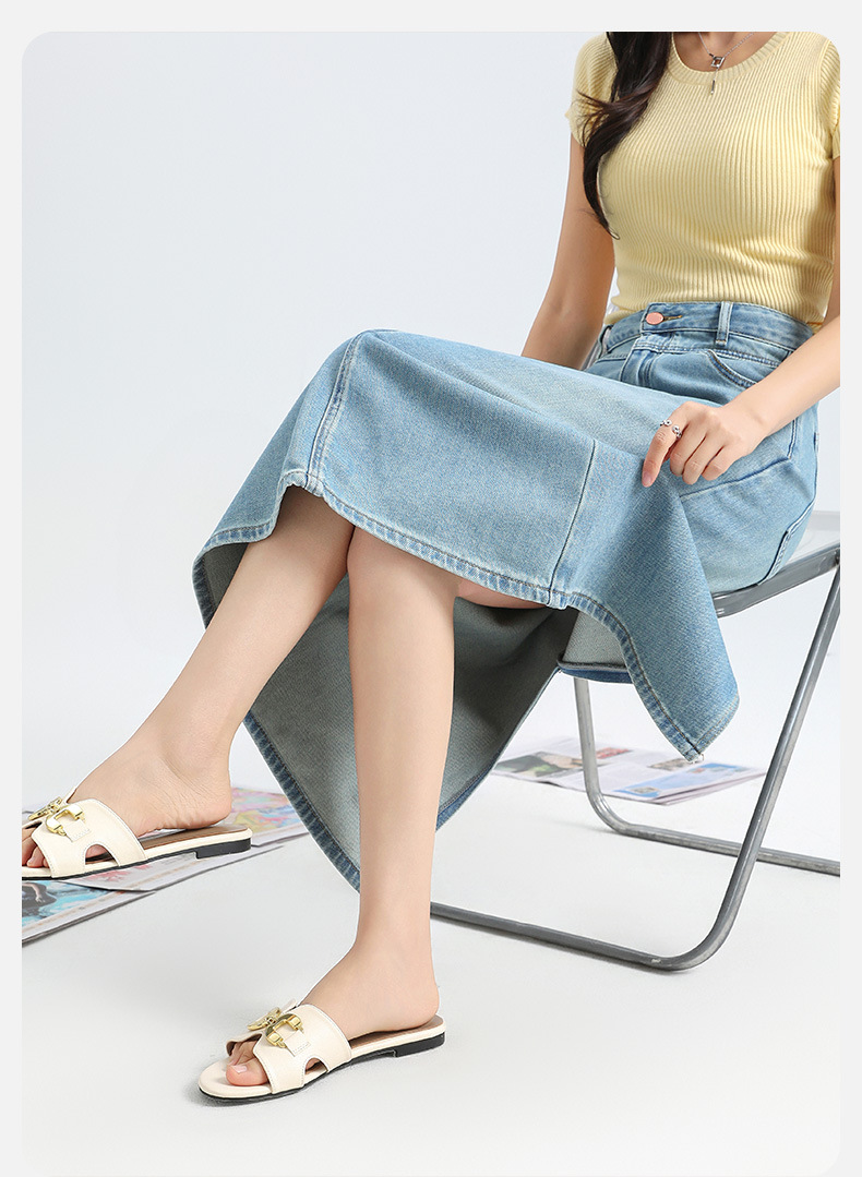 デニムファッション すっきり美シルエット ミディ丈デニムスカート