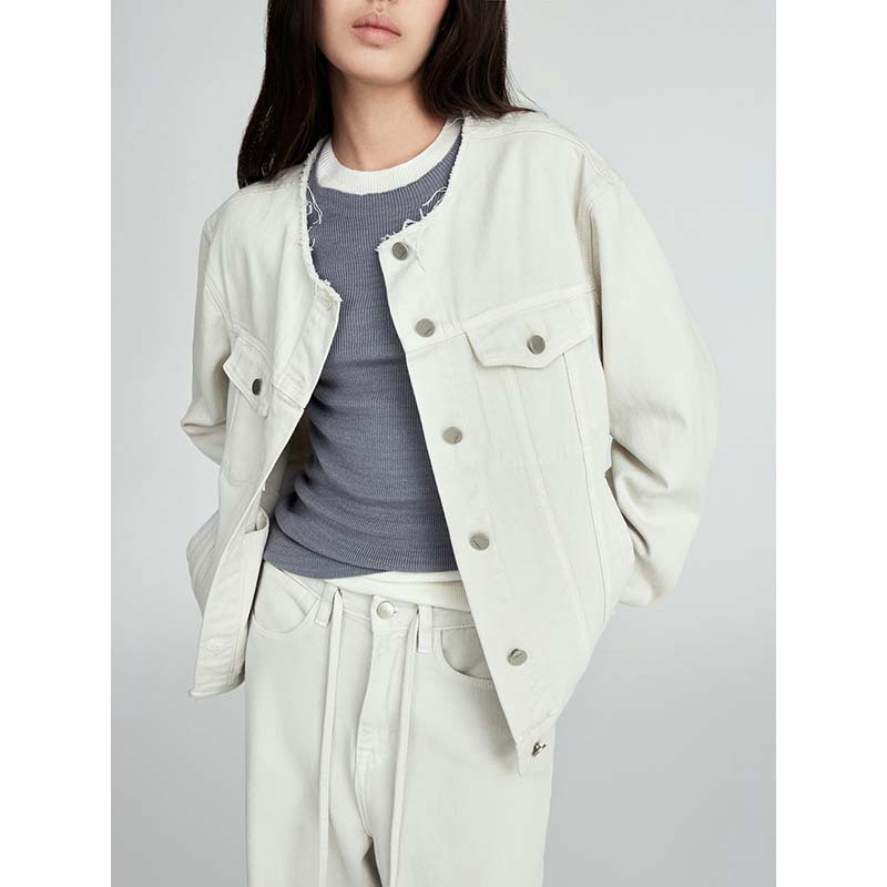 デニムファッション ノーカラー デニム ジャケット