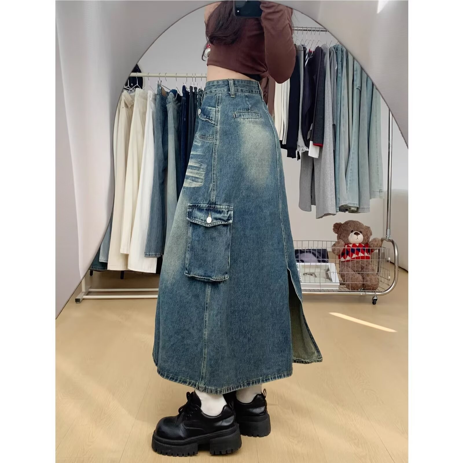 デニムファッション カーゴポケット付きロングデニムスカート