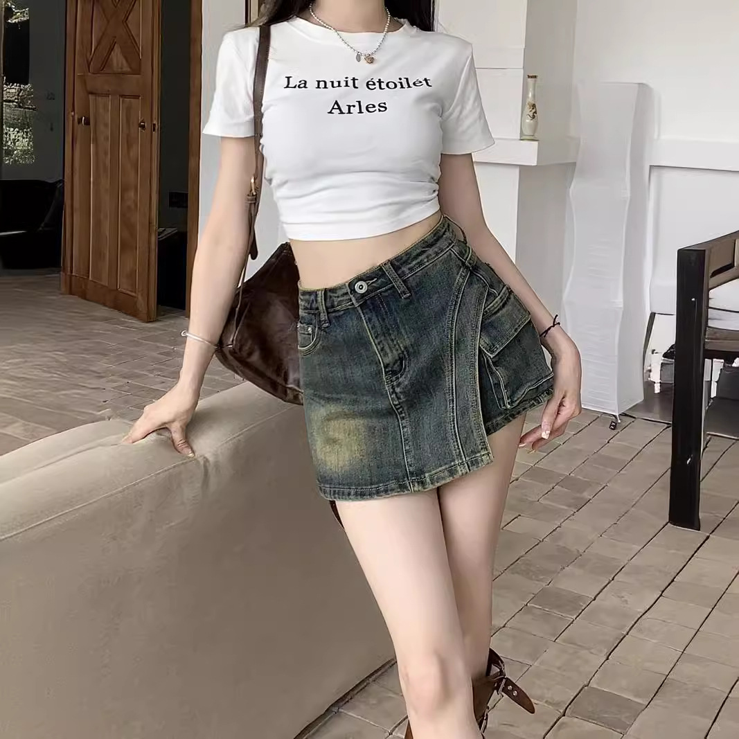 デニムファッション ヴィンテージ風デニムミニスカート