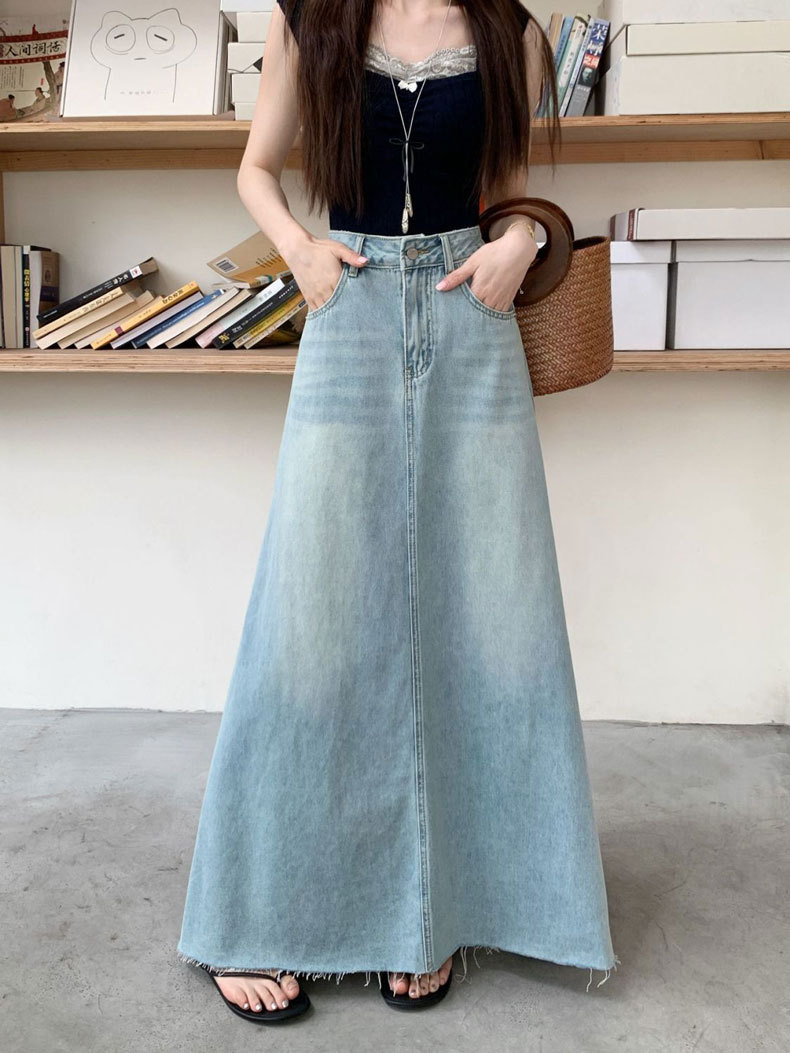 デニムファッション ロング丈フレアデニムスカート