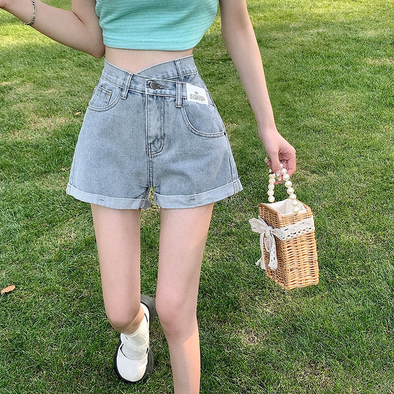 デニムファッション ハイウエスト ロールアップ デニムショートパンツ
