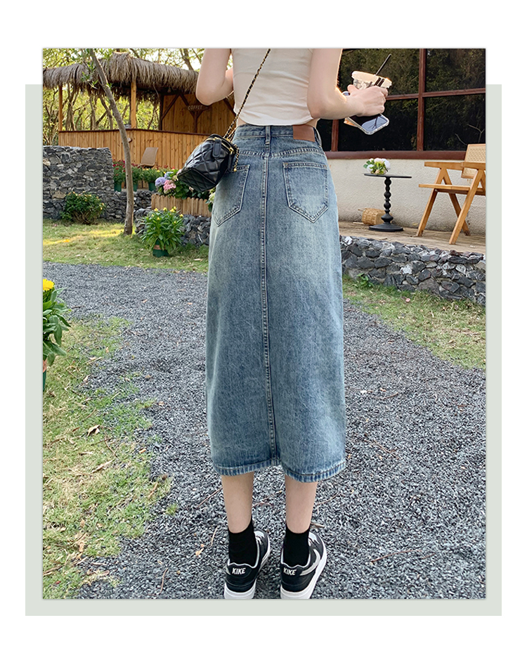 デニムファッション ヴィンテージ風スリット入りロングスカート