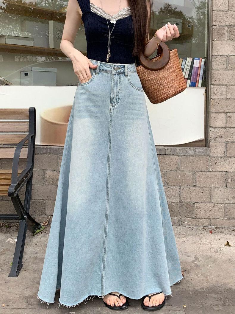 デニムファッション ロング丈フレアデニムスカート