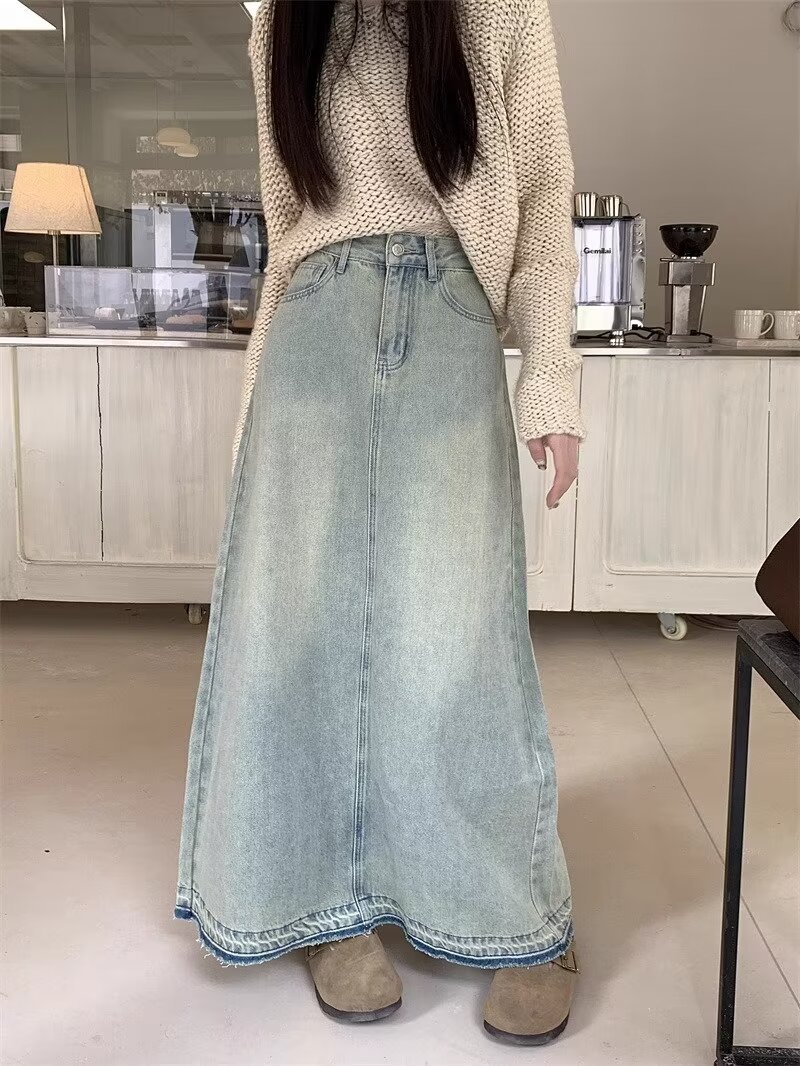 デニムファッション 長さゆったりマキシ丈デニムスカート