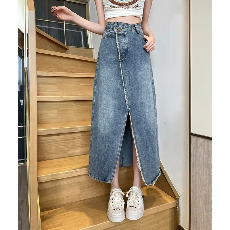 デニムファッション フリンジ斜め切替しデニムロングスカート
