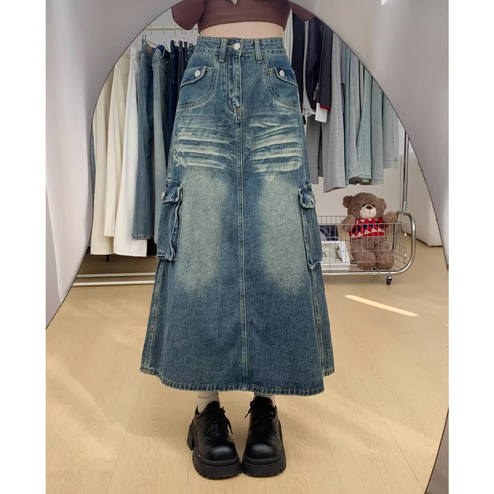 デニムファッション カーゴポケット付きロングデニムスカート