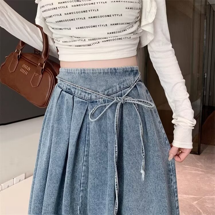 デニムファッション ふんわりロング丈プリーツデニムスカート