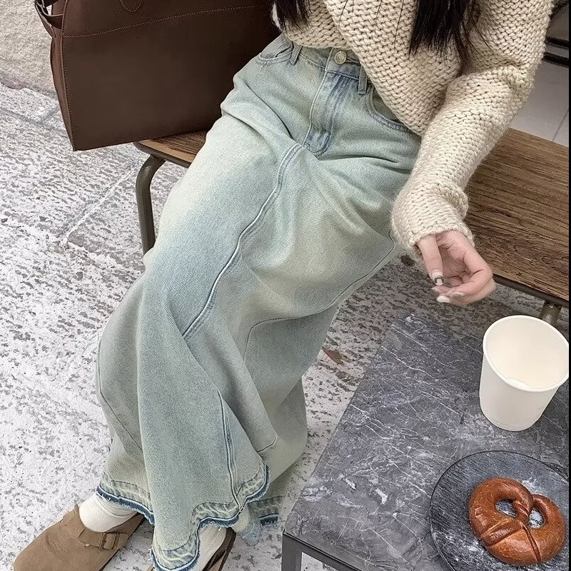 デニムファッション 長さゆったりマキシ丈デニムスカート