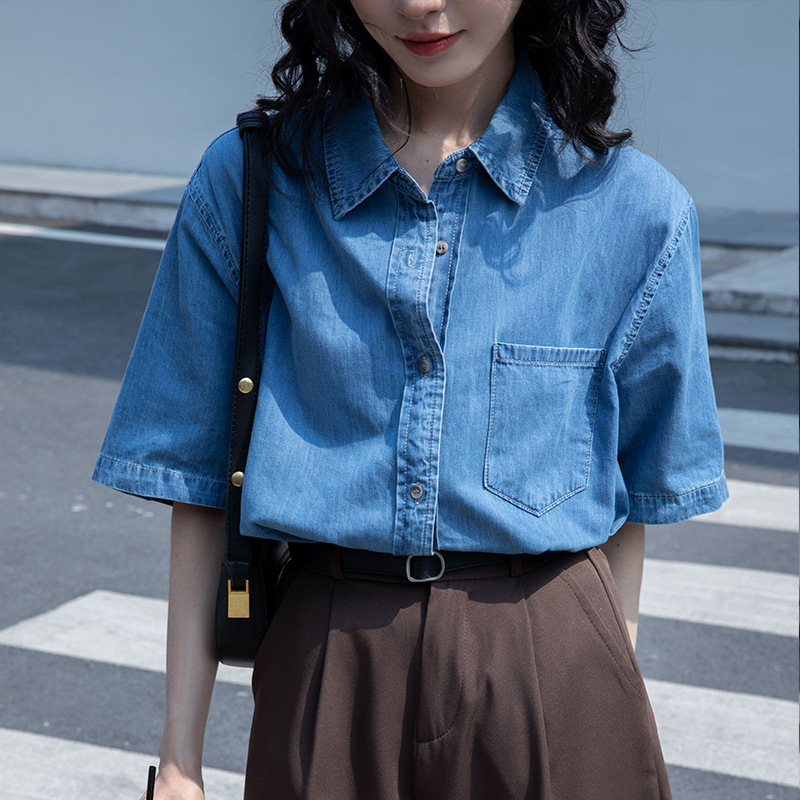デニムファッション 半袖ゆったりデニムシャツ