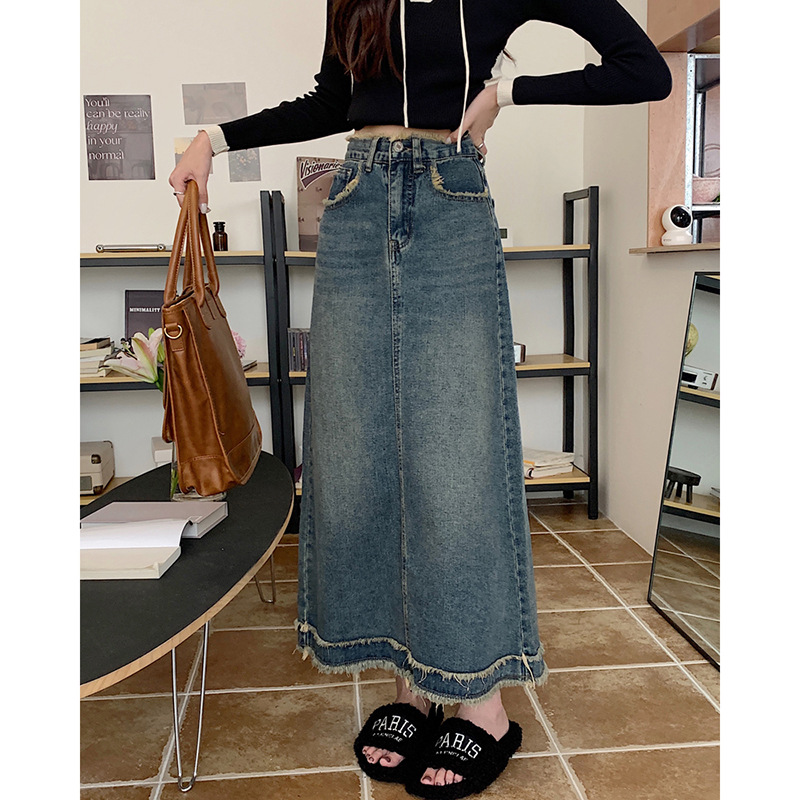 デニムファッション 裾フリンジ加工ロングデニムスカート