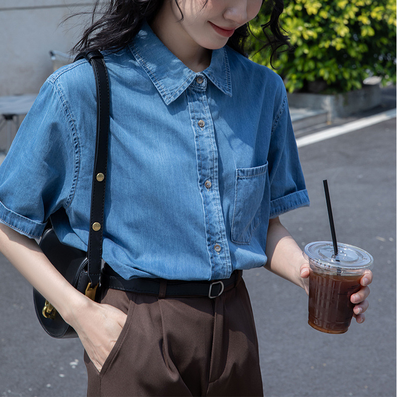 デニムファッション 半袖ゆったりデニムシャツ