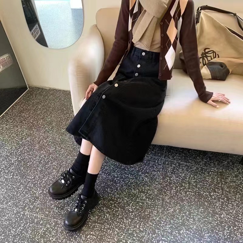 デニムファッション 前開きデニムフレアースカート