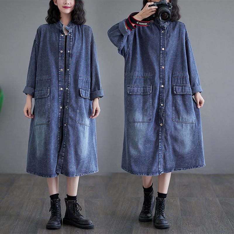 デニムファッション ロング丈デニムシャツコート