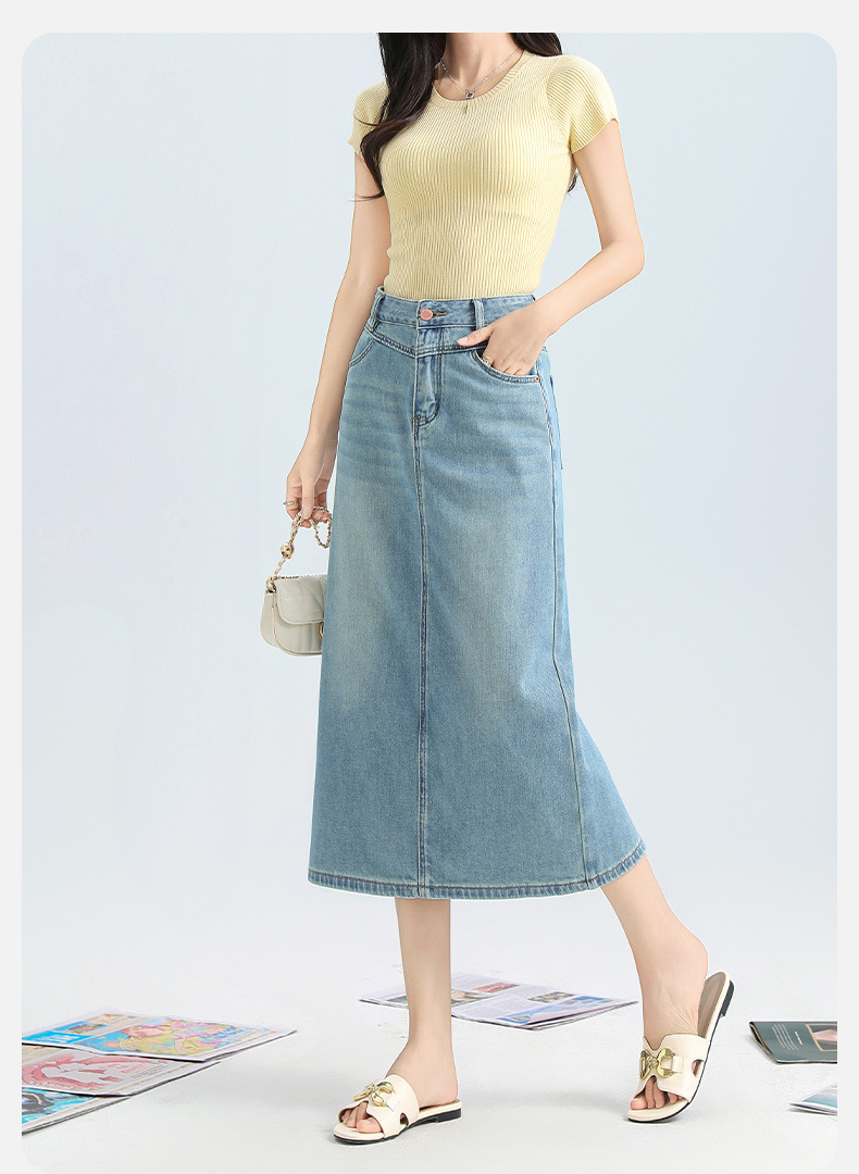 デニムファッション すっきり美シルエット ミディ丈デニムスカート