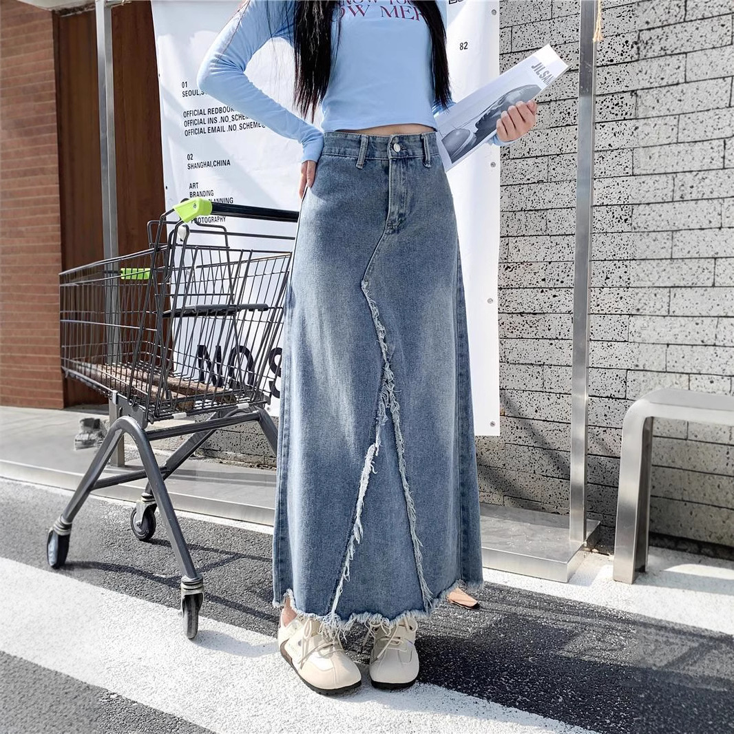デニムファッション 斜め切替フリンジマキシデニムスカート