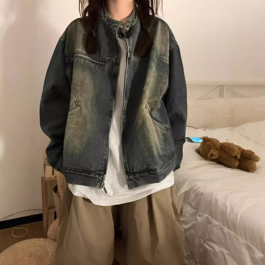 デニムファッション ゆったりシルエット古着風デニムジャケット