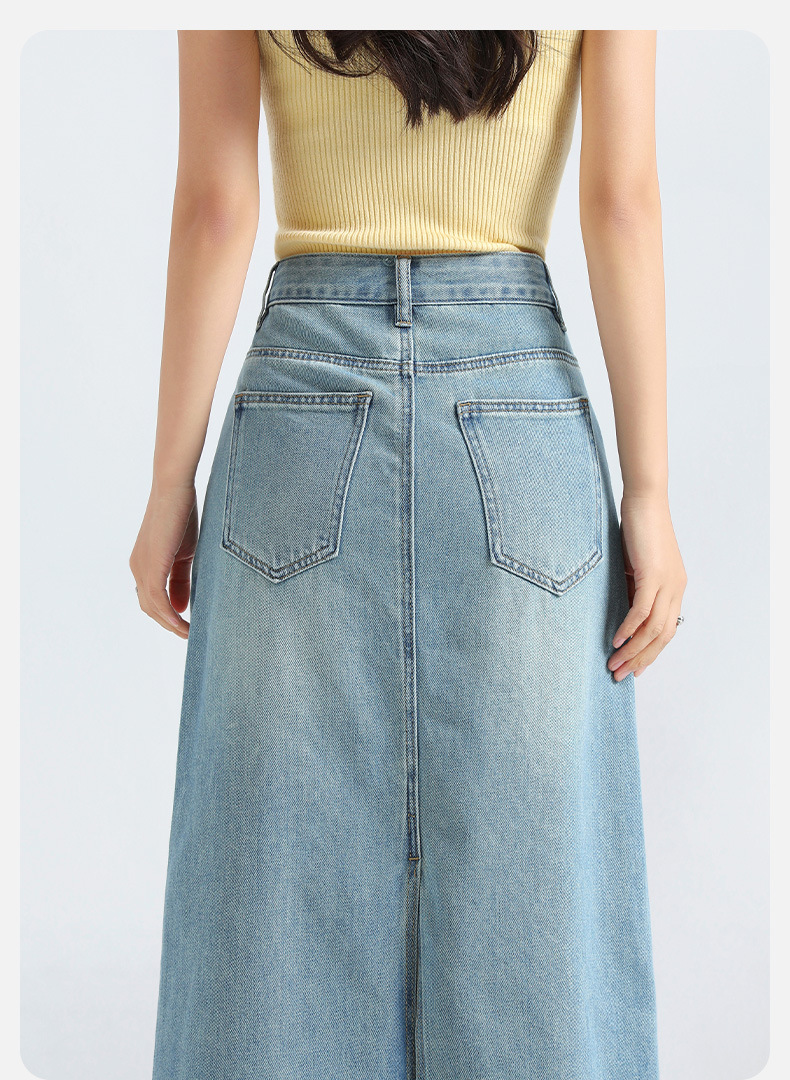デニムファッション すっきり美シルエット ミディ丈デニムスカート